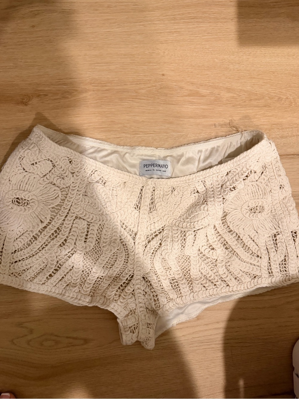 Peppermayo Cream Crochet High-Waist Lace Shorts